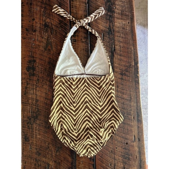 Talbots Brown and Tan halter neck style one piece bathing suit, Size 6 - Picture 5 of 16